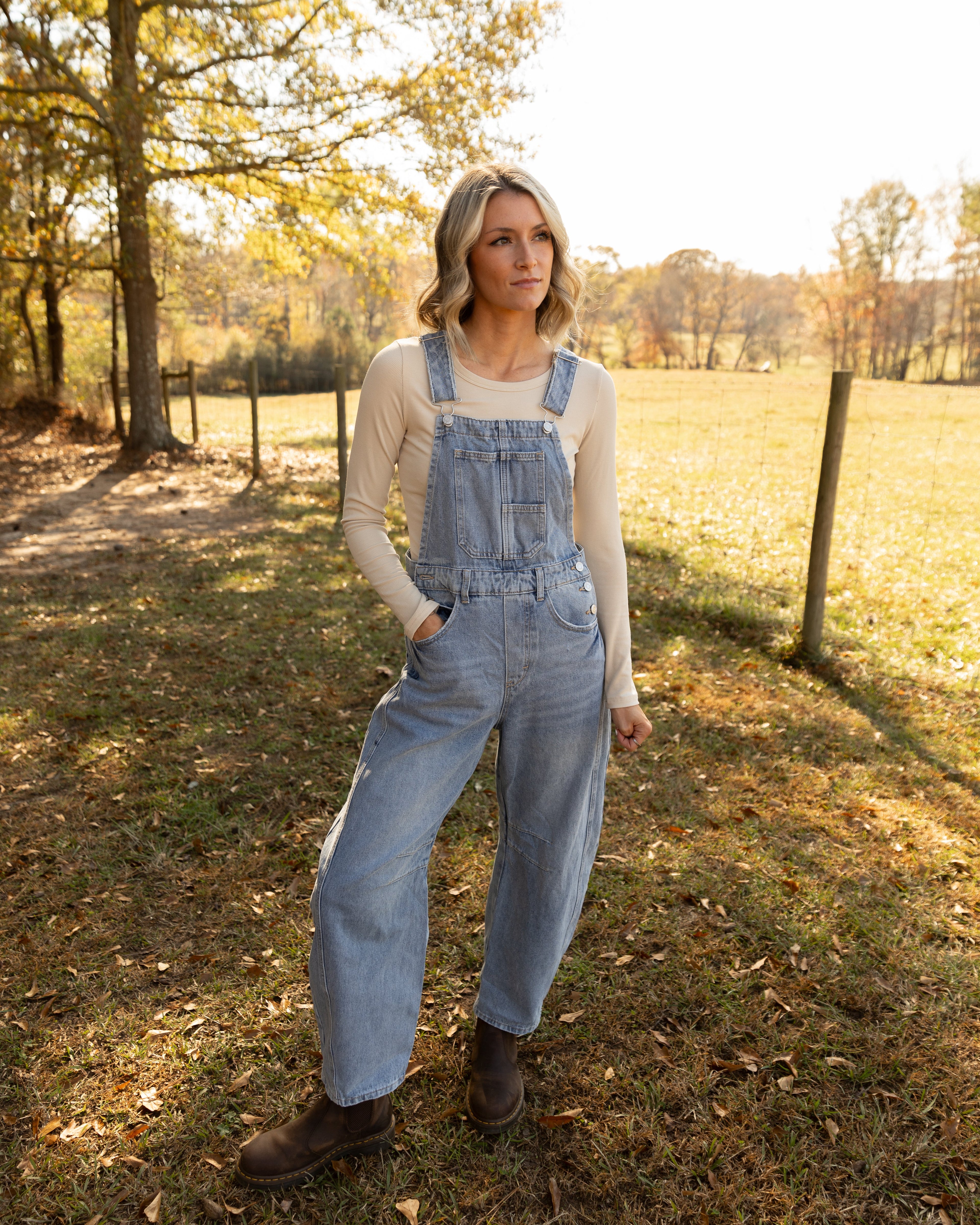 Darla Barrel Leg Denim Overalls